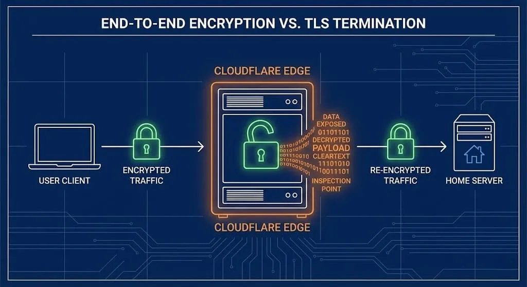 Network diagram showing the encryption flow of a Cloudflare Tunnel, highlighting the decryption step at the Cloudflare Edge before traffic reaches the home server.