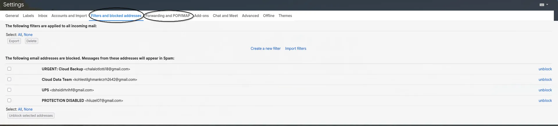 You're looking for forwarding rules in these two tabs, DELETE THEM!