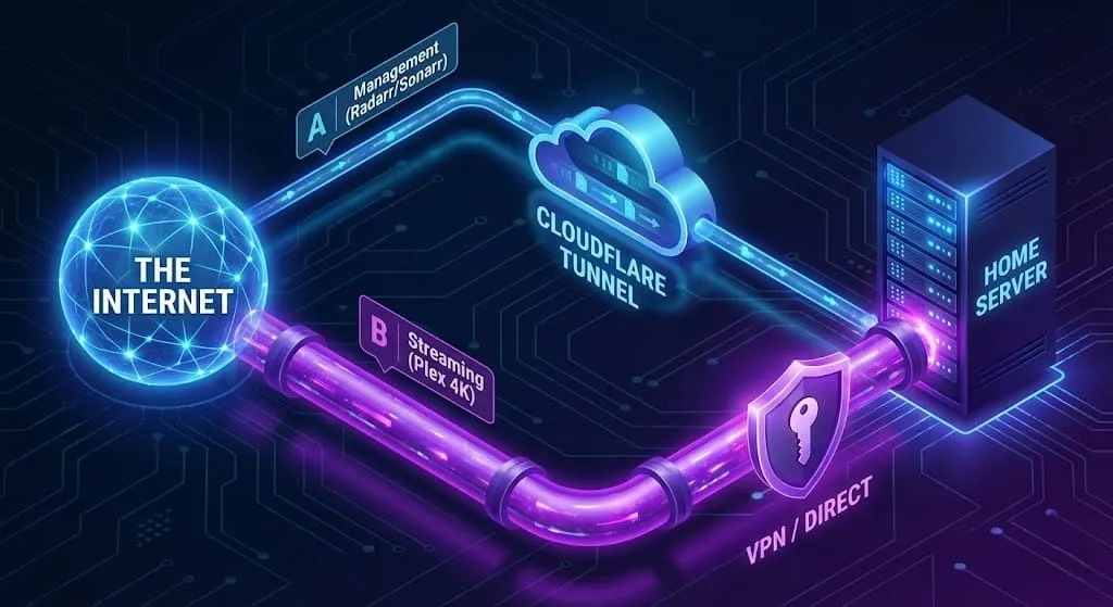 Flowchart diagram showing split network traffic: management traffic going through Cloudflare Tunnel and high-bandwidth media streaming bypassing it via VPN or direct connection.