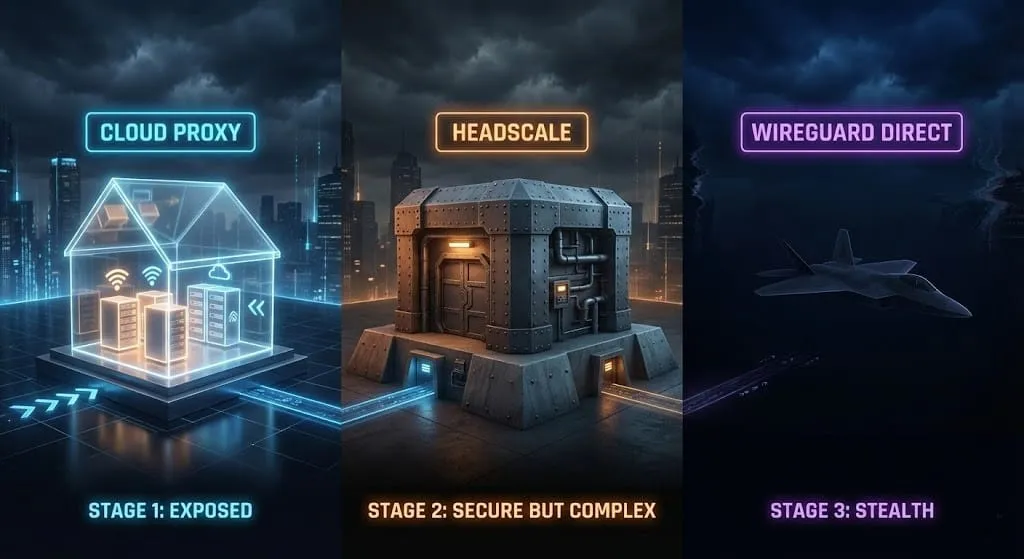 Infographic comparing three levels of remote access privacy: Cloudflare Tunnel (Glass House), Headscale (Bunker), and WireGuard Direct (Invisible Stealth).