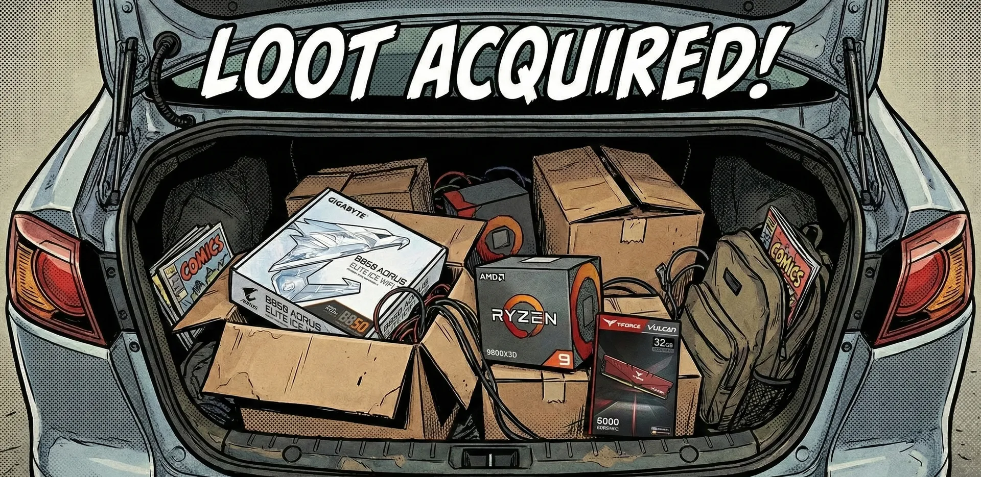 Trunk of a car with all the parts for "Dirty Snow" workstation.