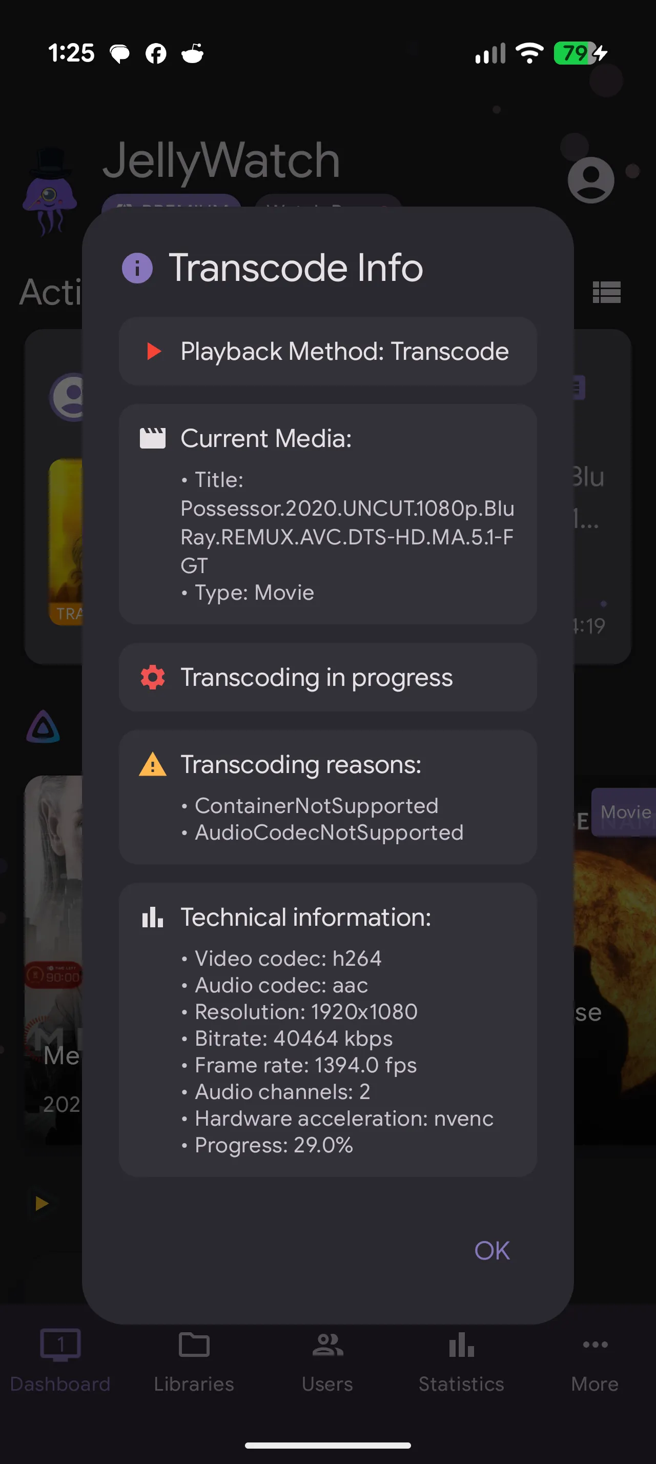 JellyWatch screenshot of an active stream from a user, showing transcoding reasons: "ContainerNotSupported, AudioCodecNotSupported", and additional technical details.