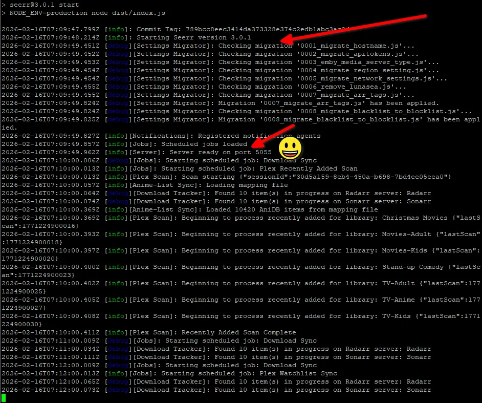 Terminal screenshot showing the 'docker compose up -d --remove-orphans' command followed by 'docker logs -f seerr', displaying the successful startup and migration logs.