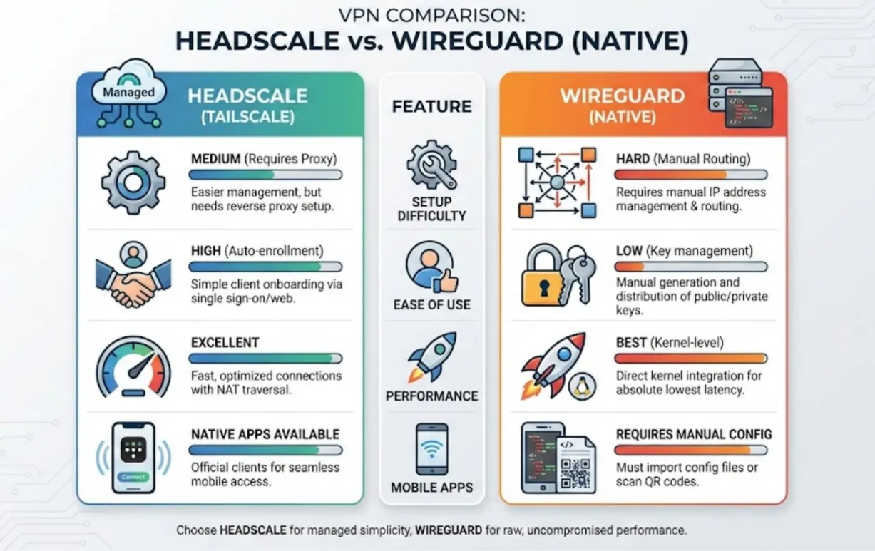 Infographic comparing Headscale and WireGuard setup difficulty, ease of use, performance, and mobile apps.