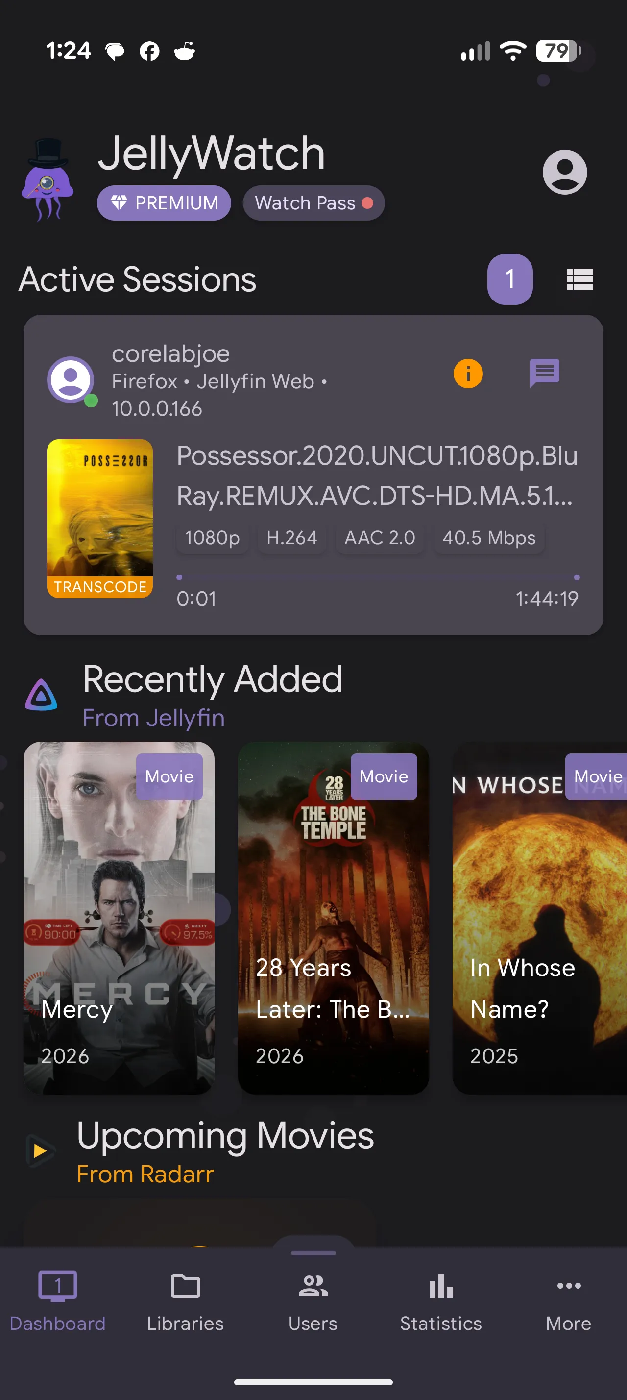 A screenshot of the main JellyWatch "Dashboard" tab showing an active stream. It shows the user streaming, the movie poster, and the "Direct Play" or "Transcode" badges.