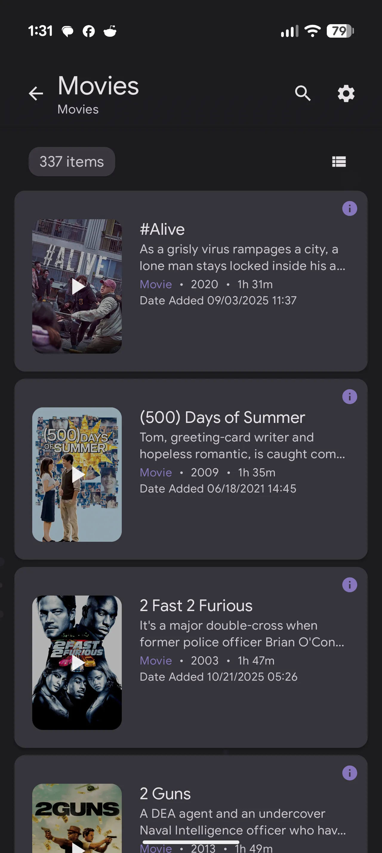 Jellyfin app screenshot showing library details for Movies collection, showing stats such as when movie released, added, title and thumbnail.