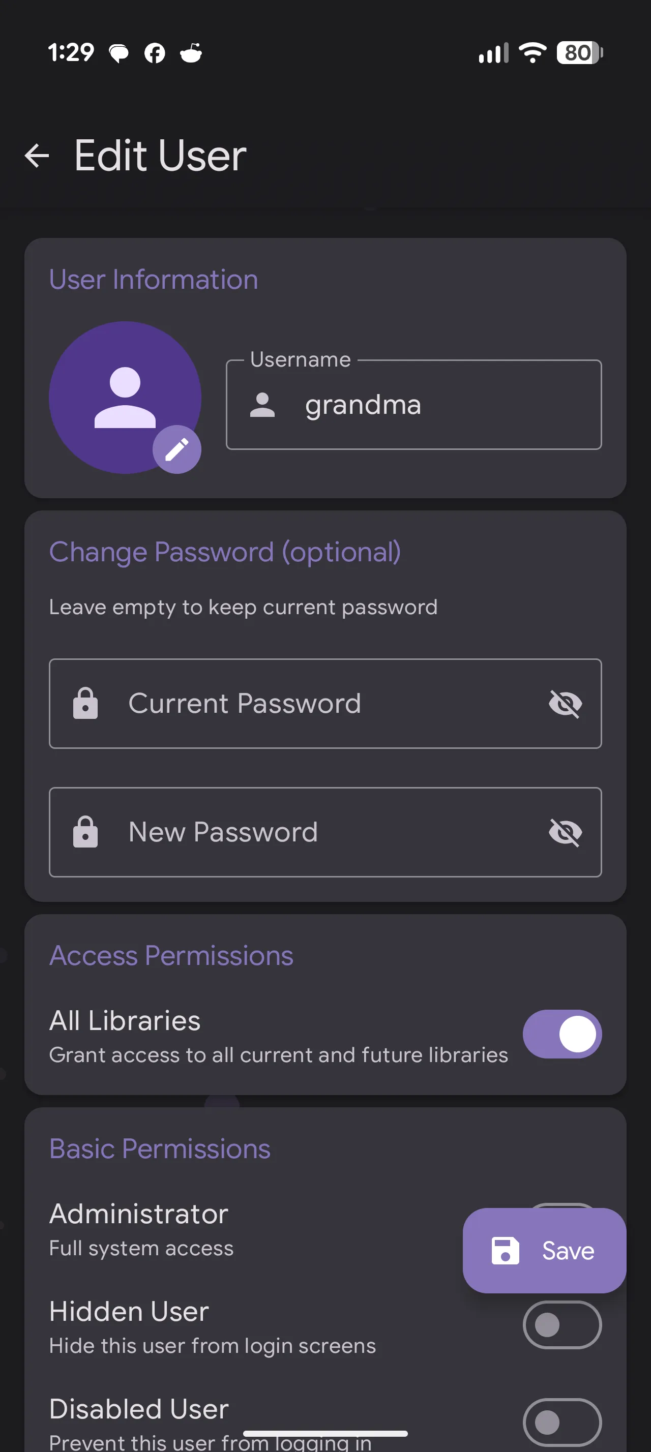 JellyWatch screenshot of user management view, showing 'grandma' and options to change permissions or disable user etc.