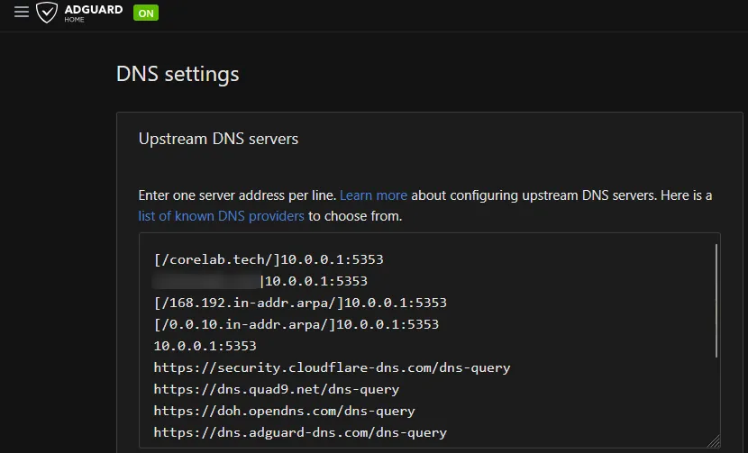 Screenshot of Adguard Home DNS settings showing upstream DNS set to my OPNsense.