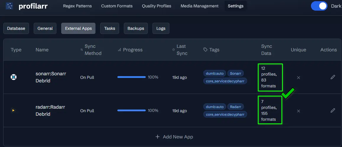 Screenshot of Profilarr showing "external apps" sync status.