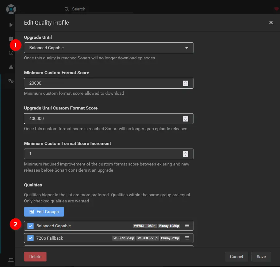 Screenshot of Sonarr editing custom quality profile.