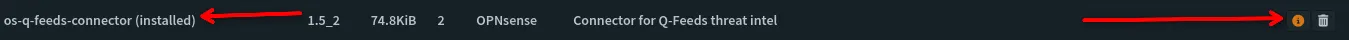 Screenshot showing OPNsense os-q-feeds-connector plugin: Mine is already installed so there's a garbage can not a plus (+) button.