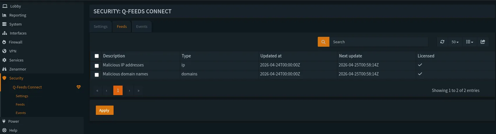 Screenshot showing the Q-Feeds "Feeds" tab showing my lists were updated as of 25 April 2026.