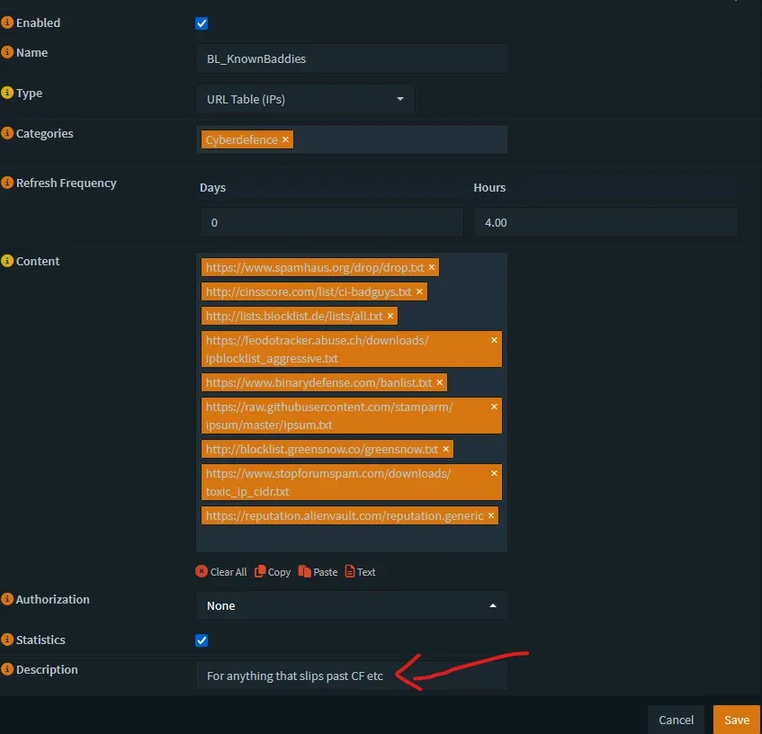 OPNsense Alias Edit screen for BL_KnownBaddies showing URL Table type and multiple blocklist URLs like Spamhaus and CINS Score.