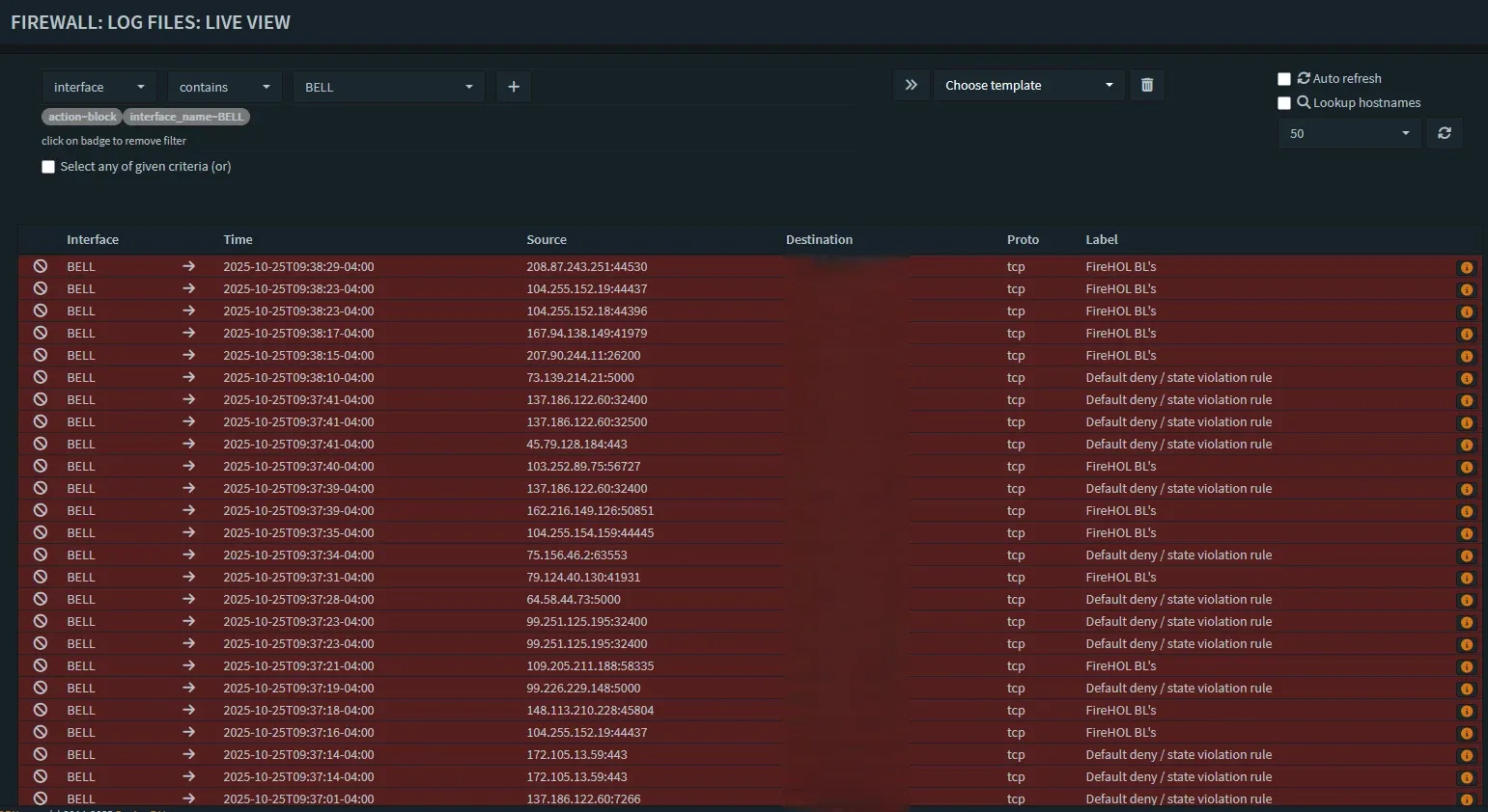 Victory in real-time. The Live Log view confirms that our new rules are actively dropping malicious traffic from the internet before it can probe our network.