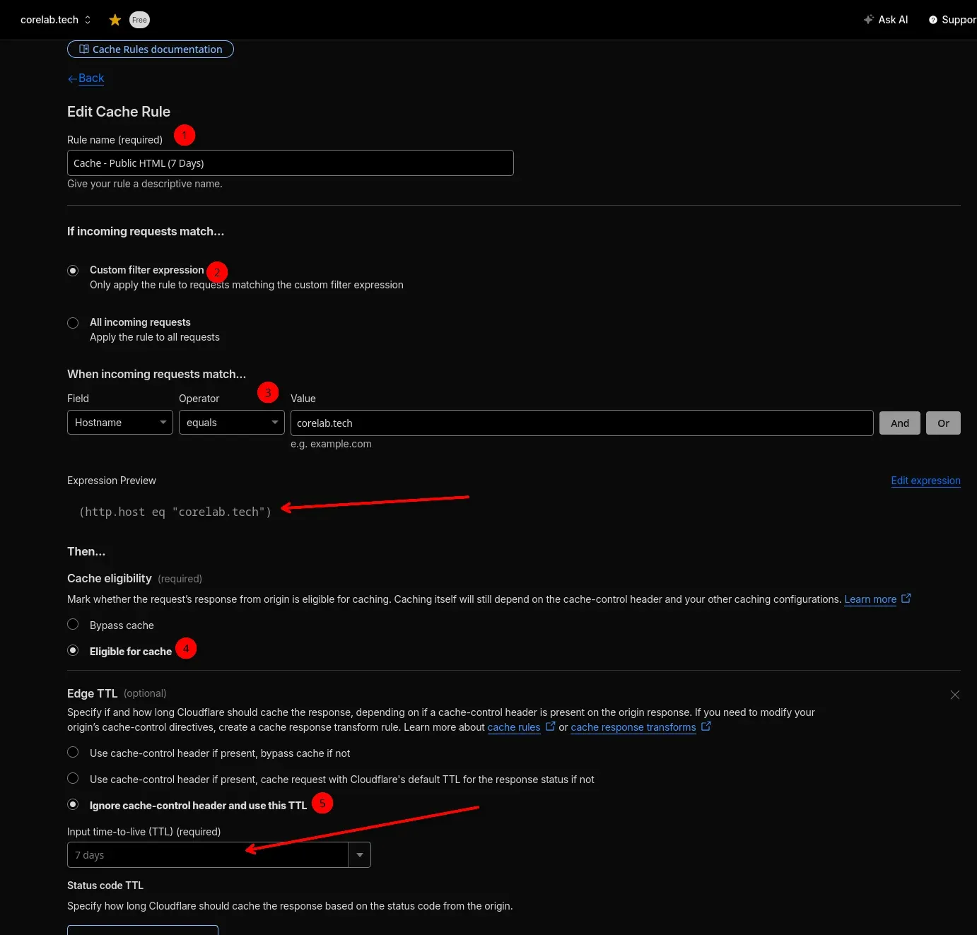 Screenshot showing CF 7 day cache rule settings
