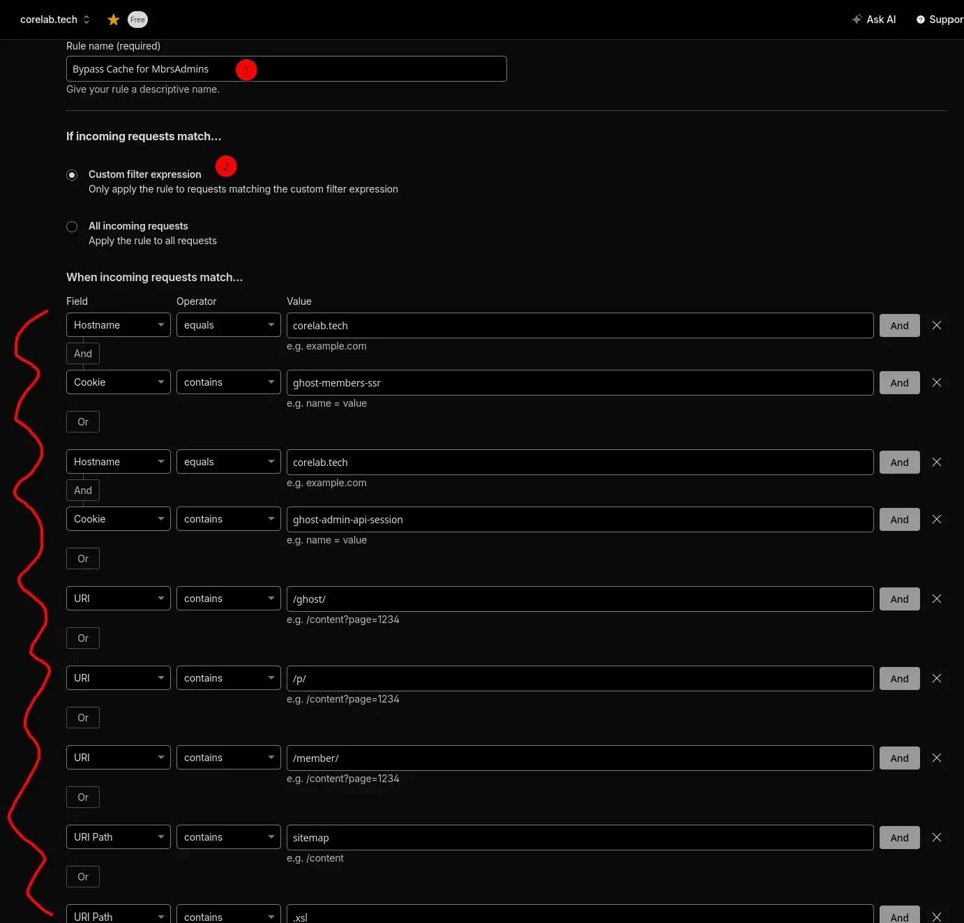 Screenshot showing the complex rule for members & admins bypassing cache, but it's complex. Use the expression builder below.