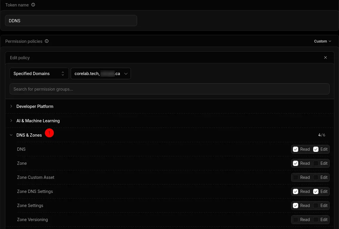 Screenshot showing Cloudflare Account Access API permissions.