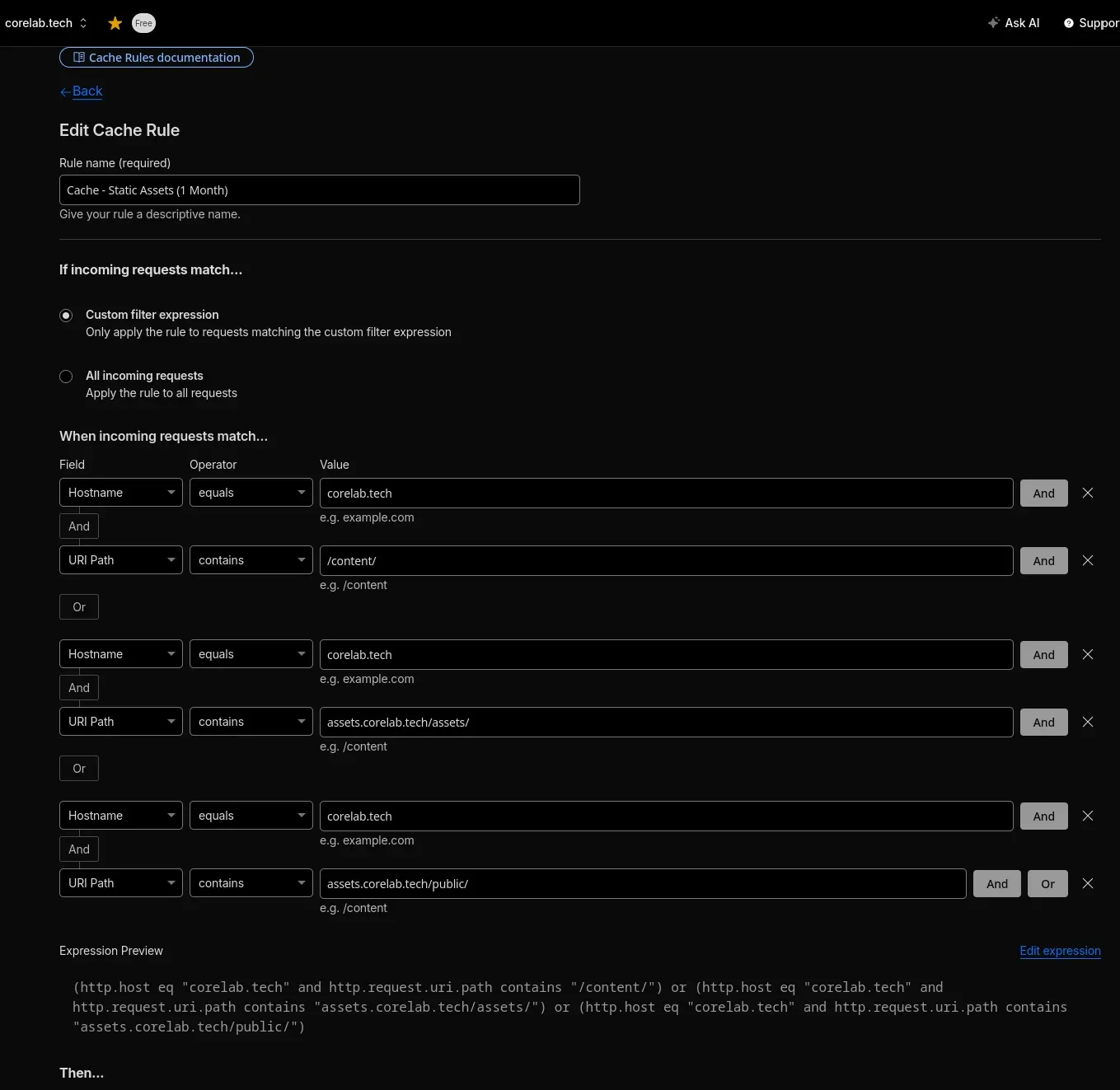 Screenshot of Third Cloudflare rule which caches all static assets for 1 month otherwise.