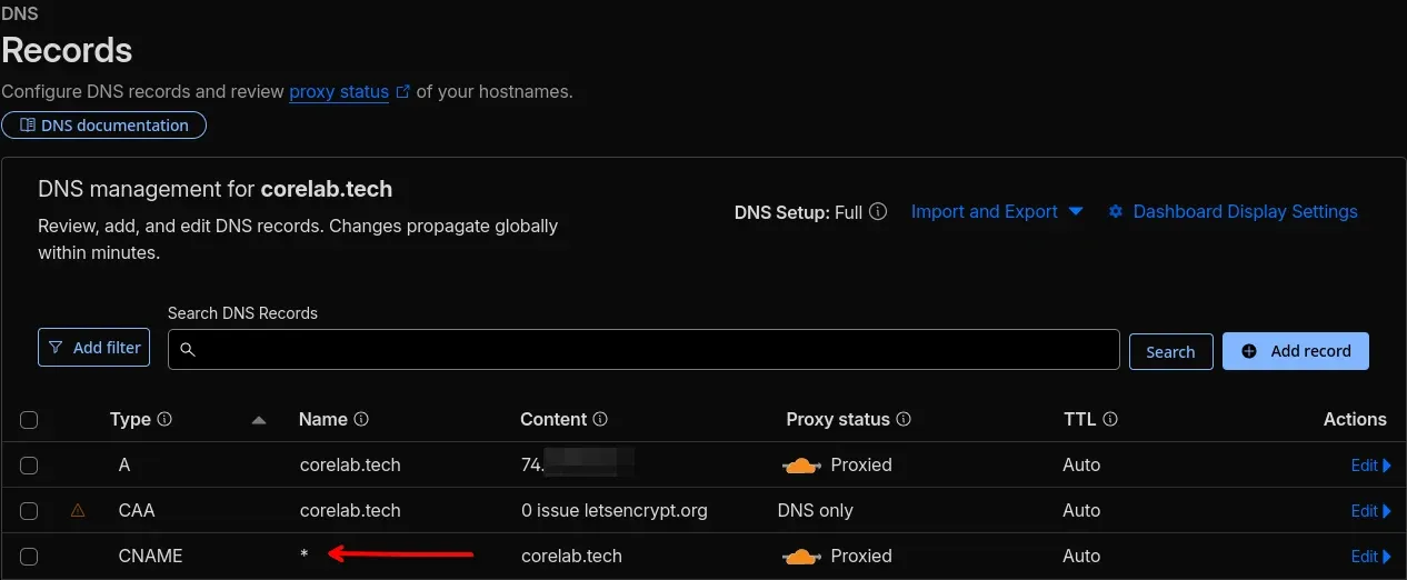 Screenshot showing the DNS records in cloudflare showing the new CNAME for your root domain.