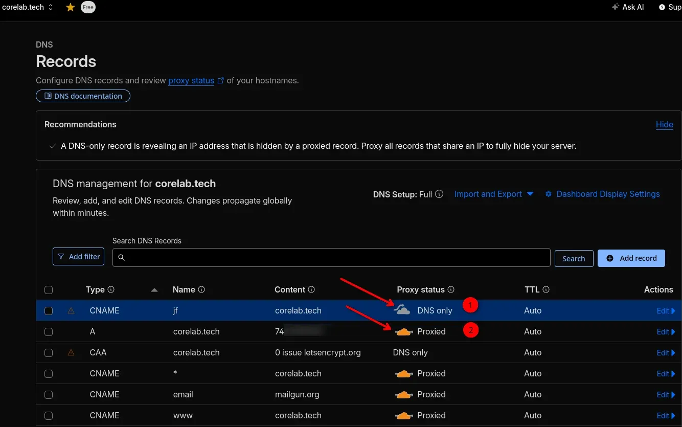 Screenshot of Core Lab's Cloudflare DNS settings - Note the grey cloud (#1) vs the proxy orange cloud (#2).