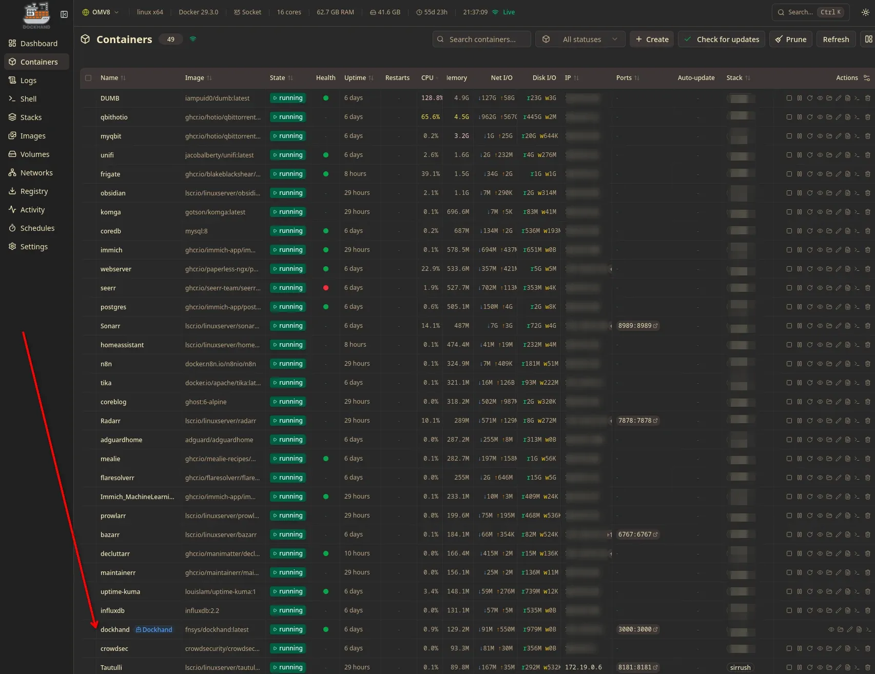 Screenshot of Dockhand, live showing a pile of my containers!