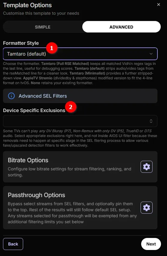 Screenshot of AIOStreams via Elfhosted showing Template options and choices.