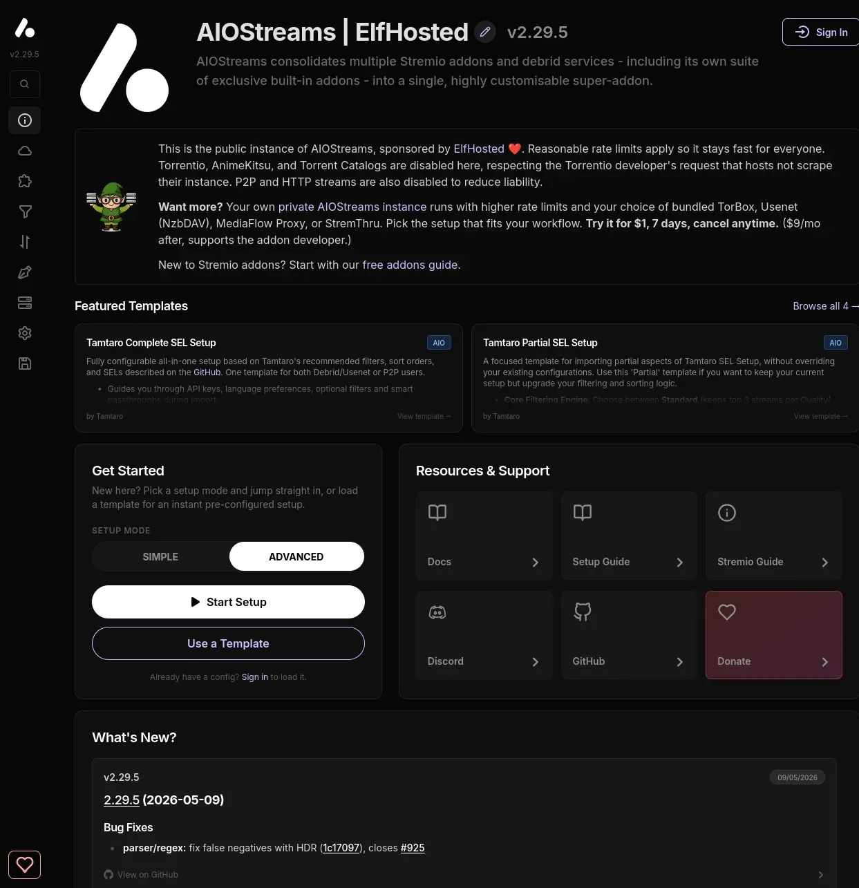 Screenshot showing Splash page for AIOStreasm from Elfhosted.