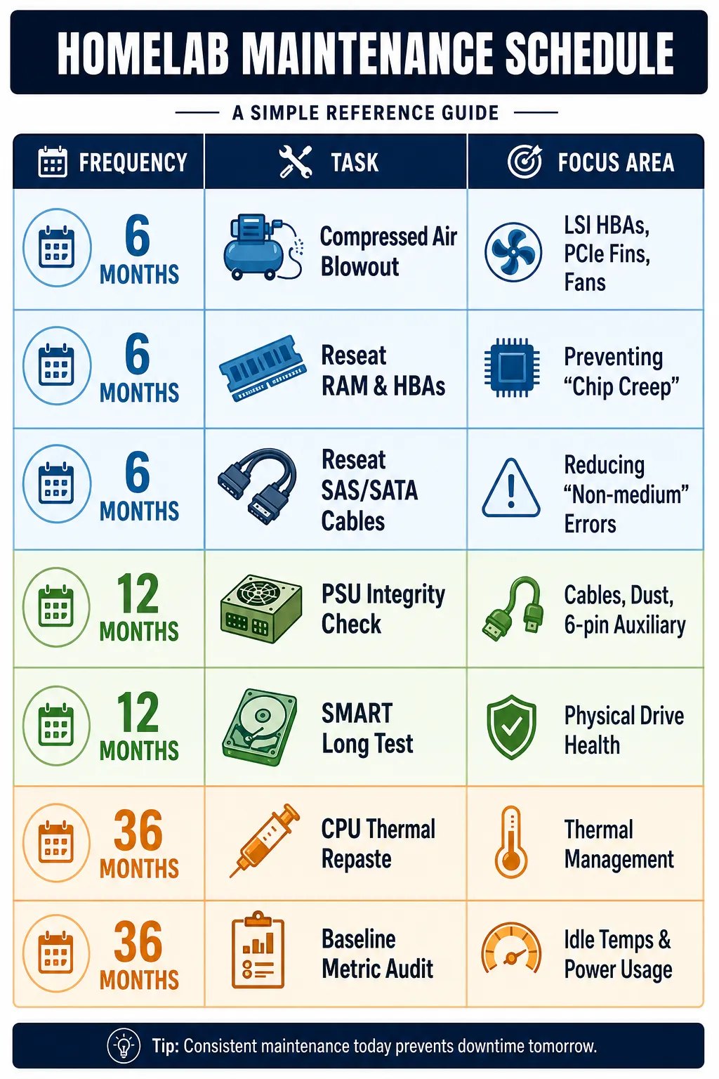 An infographic showing the Homelab maintenance schedule tasks & timing.