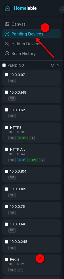 Screenshot showing pending devices on Homelable.