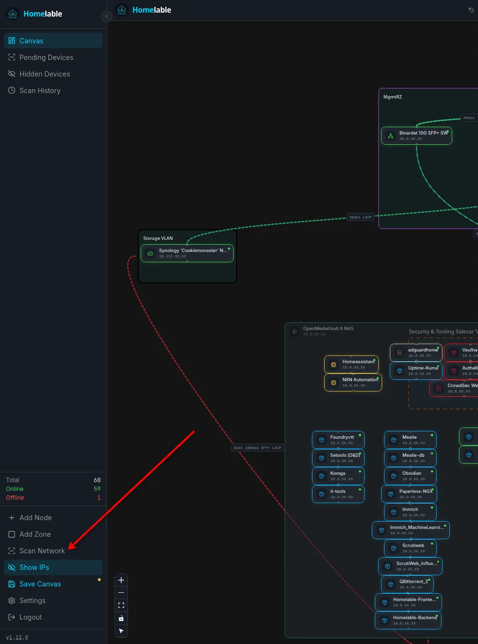 Screenshot showing the "Scan Network" button in the bottom left side of Homelable WebGUI.
