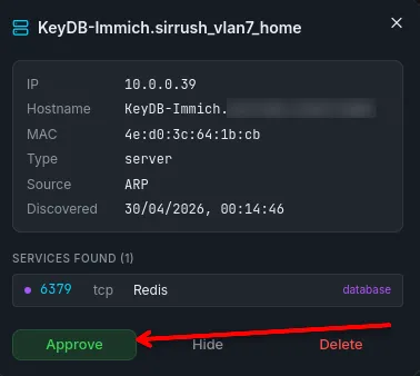 Screenshot showing the pending device ready for addition to the current canvas with a bright green Approve button, grey hide button and a red Delete button.
