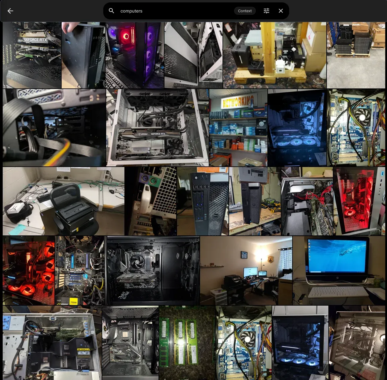A picture of Immich with a search "Computers", showing many pictures of various kinds of computer builds and parts from many ages and rebuilds. I searched for computers, BOY did I get them, I might have a tech problem...