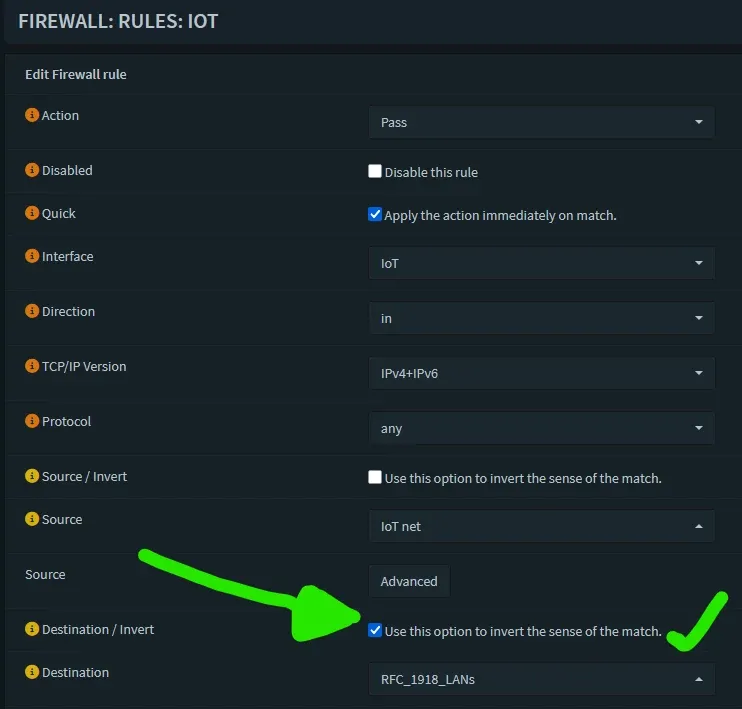 The critical checkbox. Ensuring "Invert" is checked transforms this rule from "Allow traffic TO private networks" (Bad!) into "Allow traffic TO anything that is NOT a private network" (Good!).