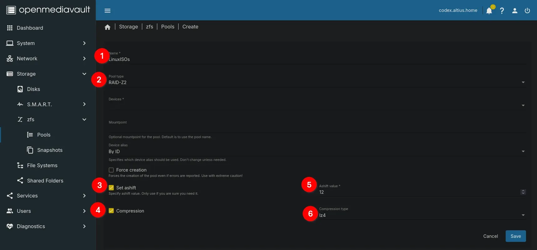 ZFS pool creation settings