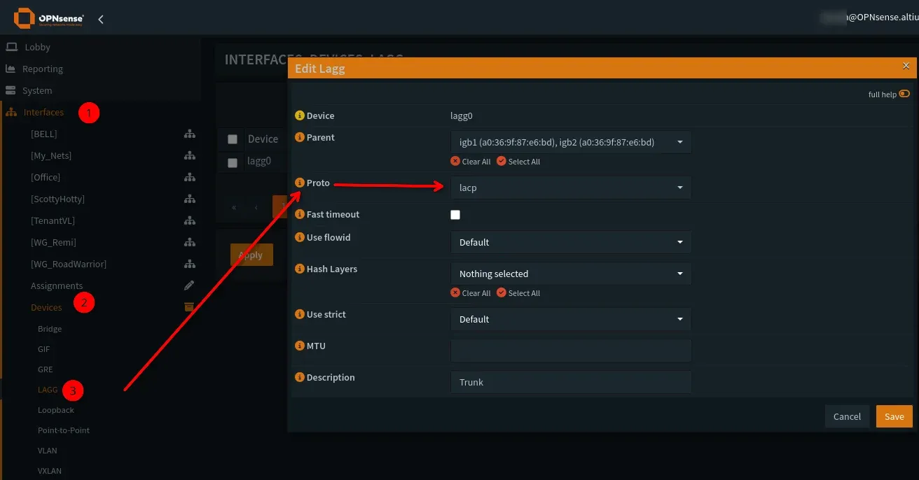 Screenshot of OPNsense LAGG configuration showing 2 Intel interfaces selected, ign1 and ign2.