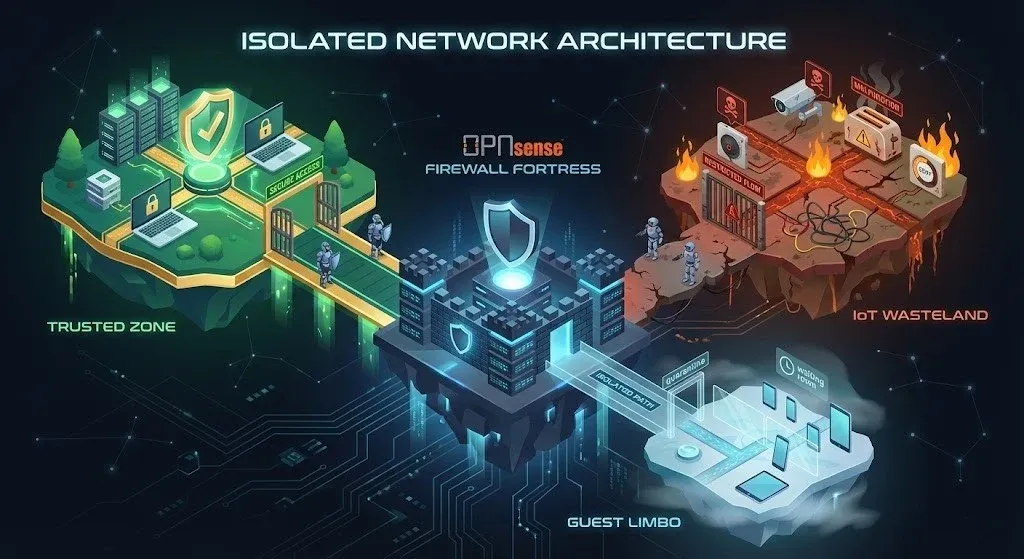 Network diagram showing an OPNsense firewall separating a home network into three isolated VLANs: Trusted LAN, IoT, and Guest Network.