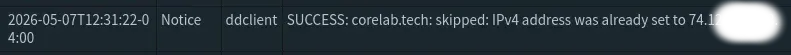 Screenshot of the log file above showing ddclient SUCCESS message for updating IP of corelab.tech