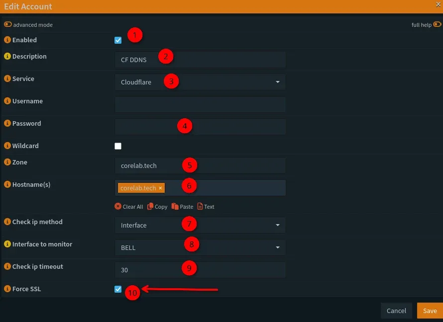 Screenshot of all settings for OPNsense Dynamic DNS with CloudFlare settings configured as per above.