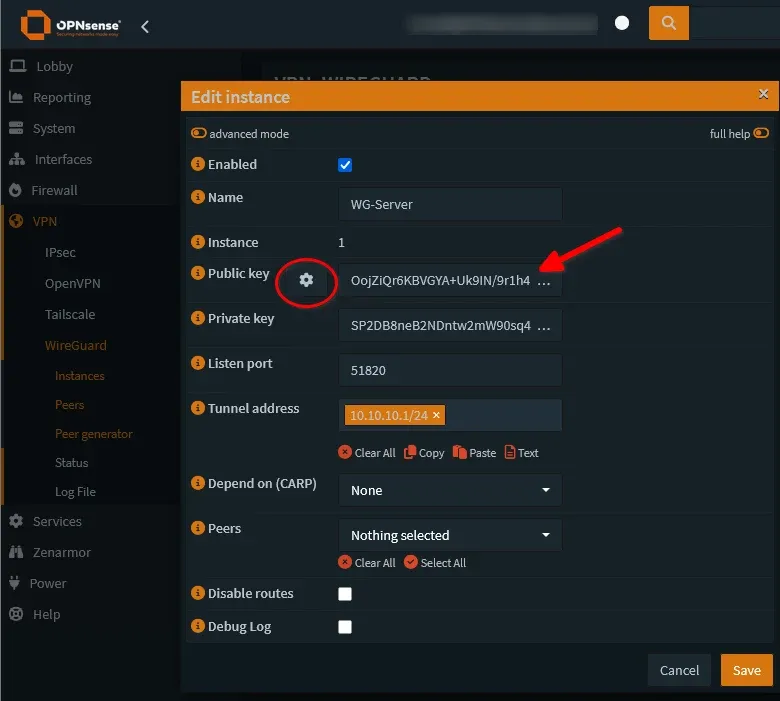 Screenshot of OPNsense 'instance' setup (server) showing to click the cog wheel beside 'public key' to generate one.