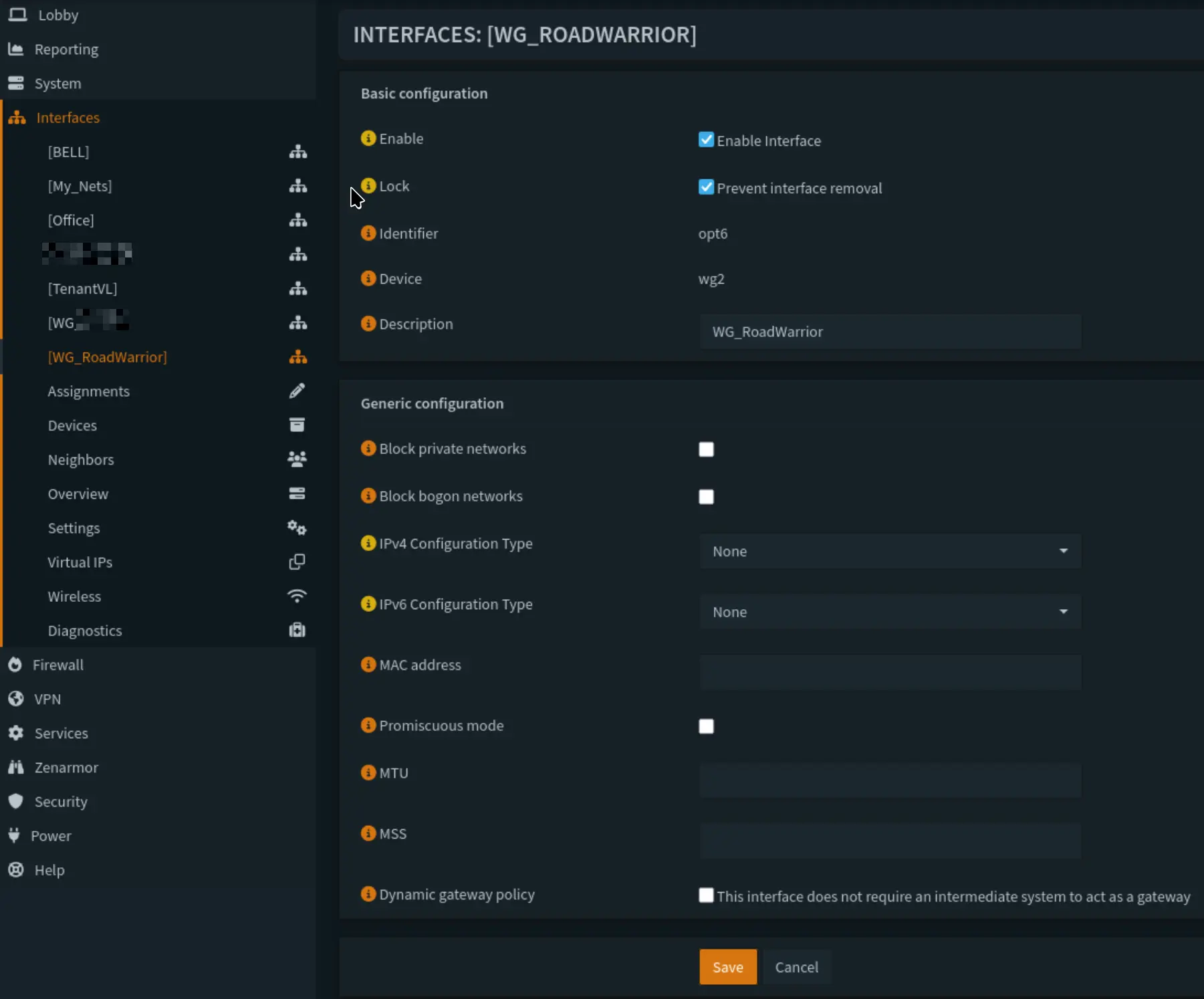 Screenshot showing wireguard interface assigned, showing wg2 (I have multiple) with nothing selected except for Enable interface and prevent removal.