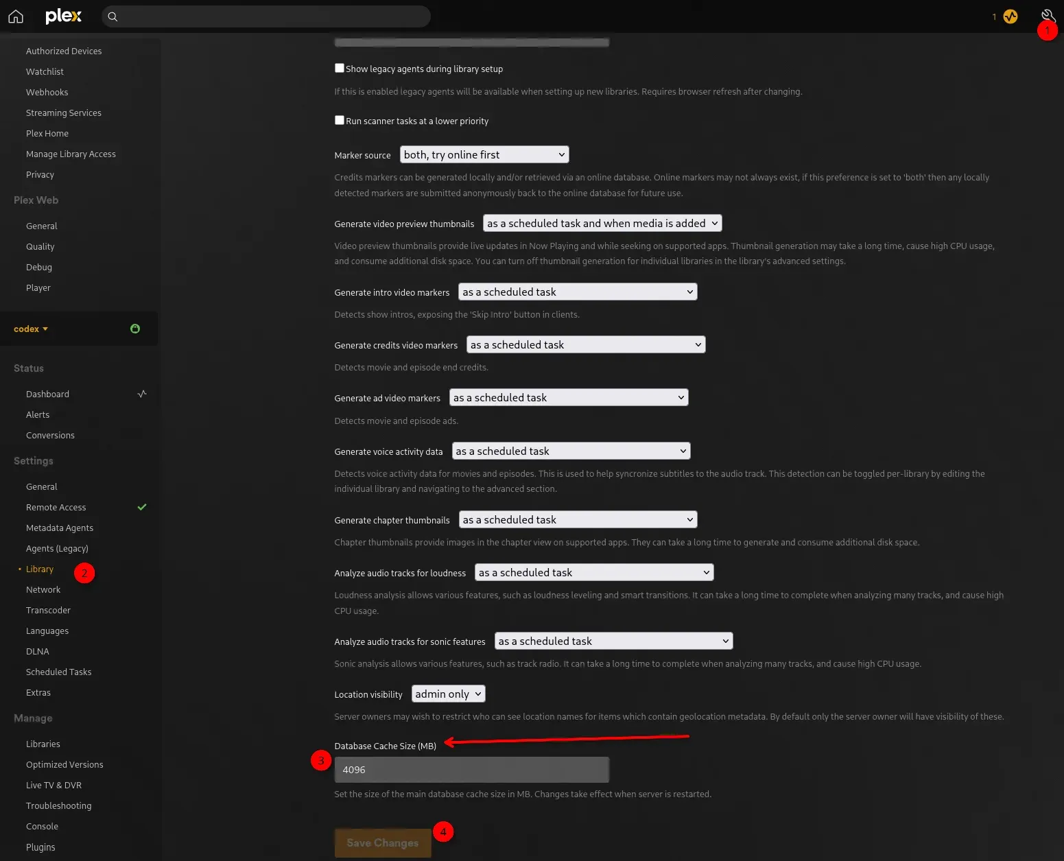 Screenshot showing the Plex Library Settings page, scrolled to the bottom with the Database Cache Settings.