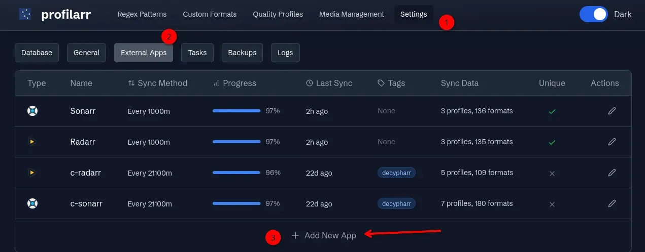 Screenshot of Profilarr Settings->External Apps->Add new (radarr, sonarr etc)