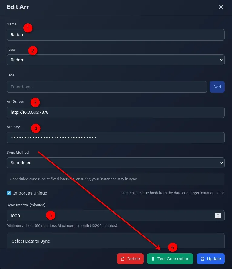 Screenshot of adding an external app (in this case radarr) to profilarr with name, type (radarr), Arr server (http://yourip:7878), TEST connection!
