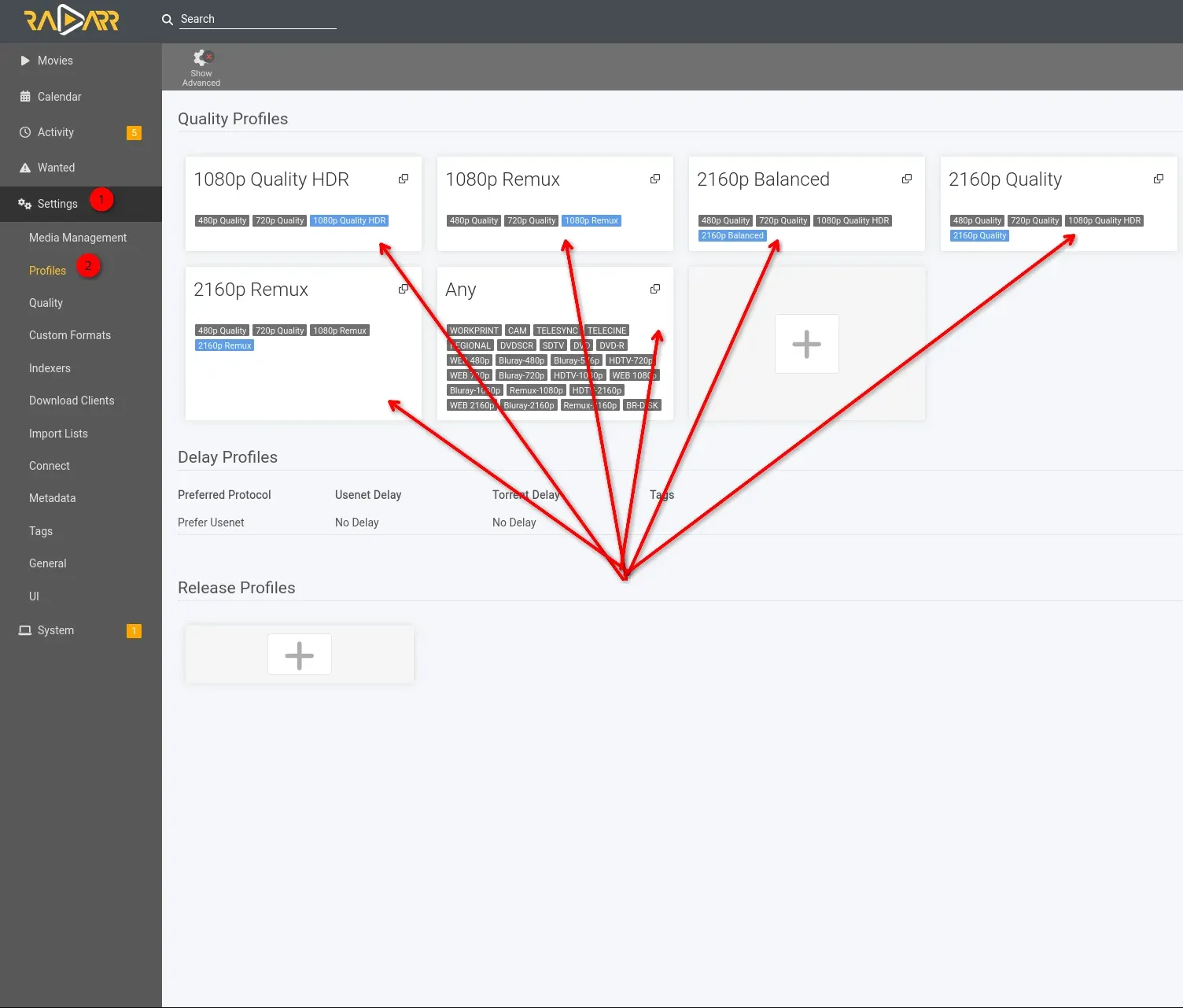 Screenshot of the Radarr Profiles page, showing red arrows pointing to every quality profile there is. Apply your new custom filter with a negative score to each.