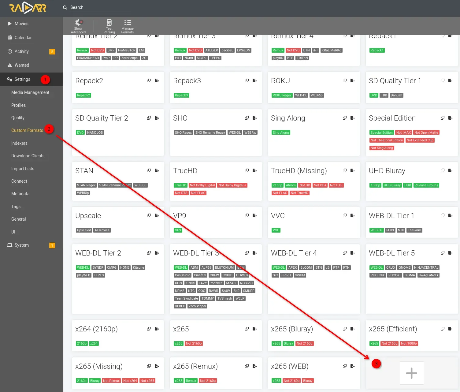 Radarr Custom Format page, click the + to create a new one