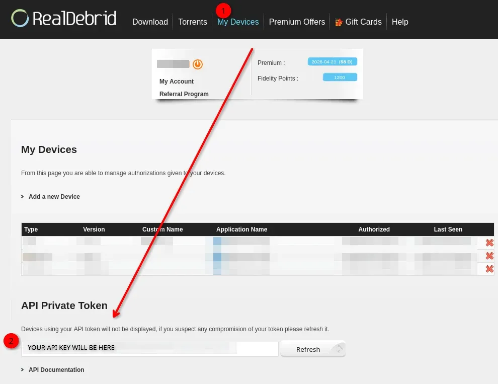 Screenshot of RealDebrid website "My Devices" where you can access your API Private Token