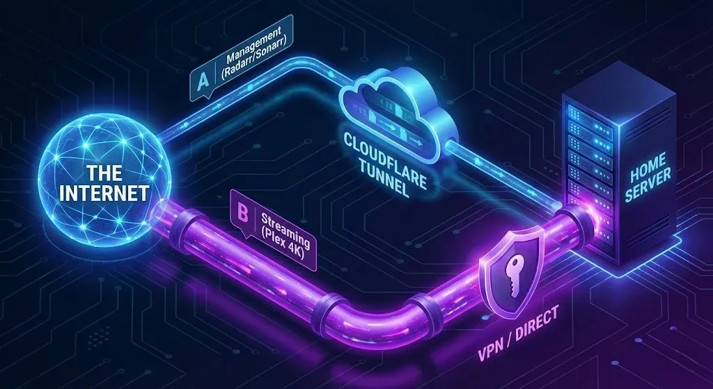 Split-screen comparison illustration showing a bright, visible Cloudflare Tunnel path versus a stealthy, dark WireGuard VPN path for remote access.Split-screen comparison illustration showing a bright, visible Cloudflare Tunnel path versus a stealthy, dark WireGuard VPN path for remote access.