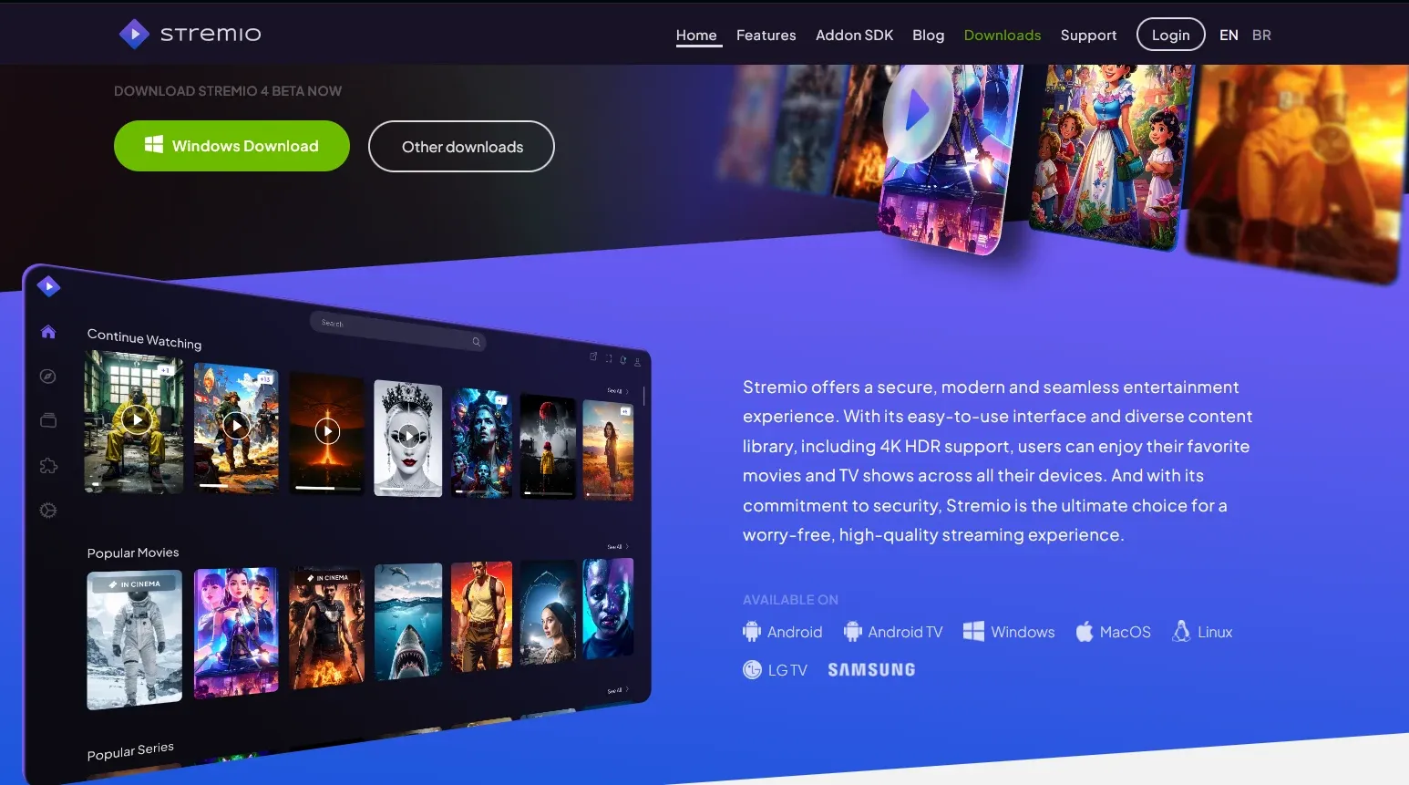 Screenshot of Stremio's splash page.