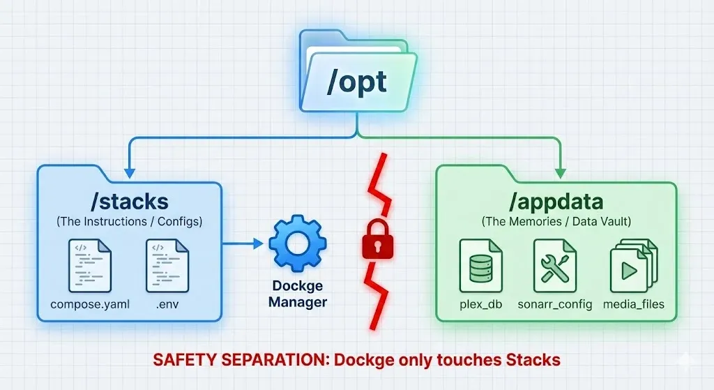 Docker infrastructure diagram showing /opt/stacks and /opt/appdata directory structure on a Linux host.