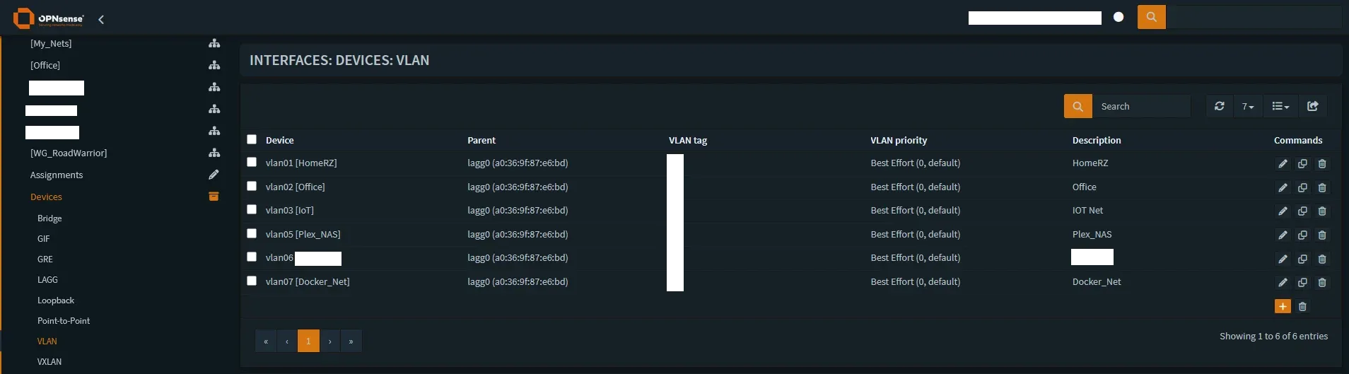 A bird's-eye view of your segmented network. Here you can see the VLAN tags (ID) and their descriptions, all trunked off a single parent interface.